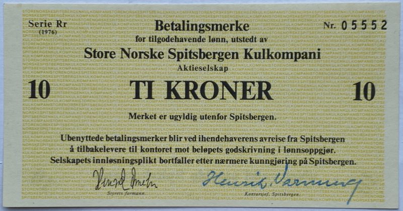 1976 Store Norske Spitsbergen Kulkompani 10 kroner serie Rr, 0