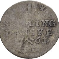 1761 1 skilling Frederik V, svakt buklet, 1