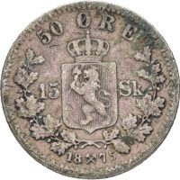1875 50 øre/15 skilling Oscar II, korrodert, 1