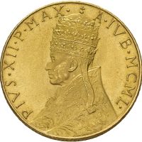1950 Vatikanet 100 lire Pius XII, 5,19 g .900 gull, 0/01