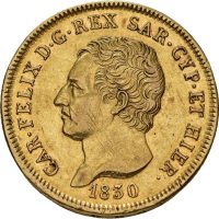 1830 Sardinia 80 lire Carlo Felice, 25,81 g .900 gull, små riper, 1+/01