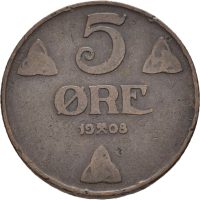 1908 5 øre Haakon VII, 1/1-
