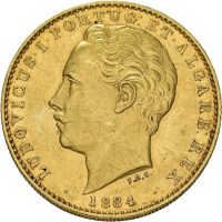 1884 Portugal 10.000 reis Luis I, riper på revers, 1+/01