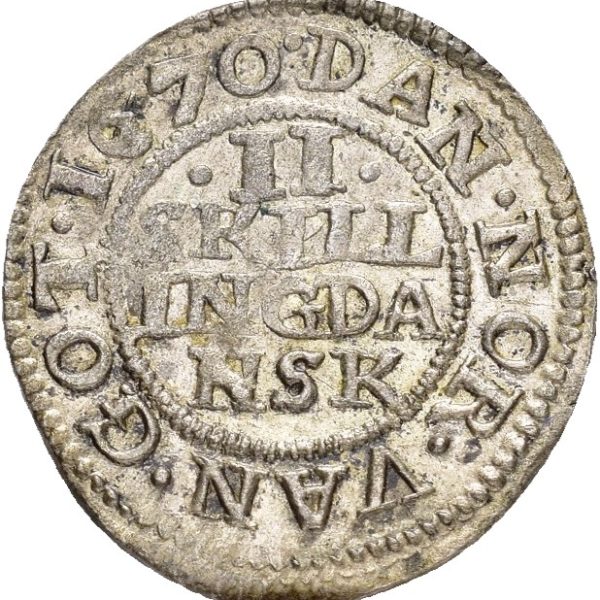 1670 2 skilling Christian V, ex. Adler Pedersen og PHK XI/271