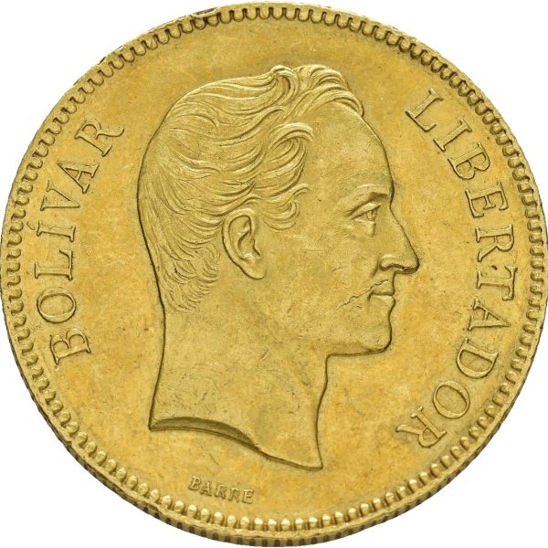 1886 Venezuela 100 bolivares, opplag 4250 stk., 32,258 g .900 gull, kantmerker, 1+/01