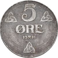 1918 5 øre Haakon VII, 1/1+