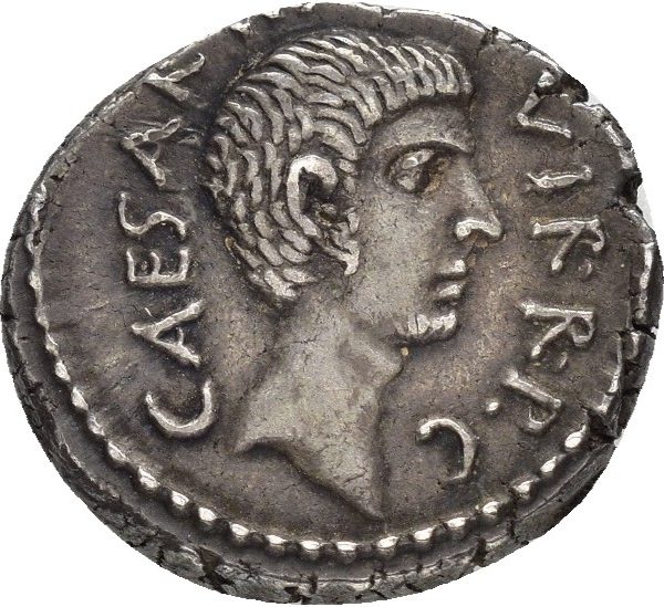 vår-sommer 42 f. Kr. AR denarius Octavian, 4,00 g, Italia, 1+/01