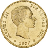 1877 Spania 25 pesetas Alfonso XII, 8,06 g .900 gull, 0/01