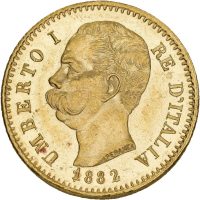 1882 Italia 20 lire Umberto I, 6,45 g .900 gull, renset, 0/01
