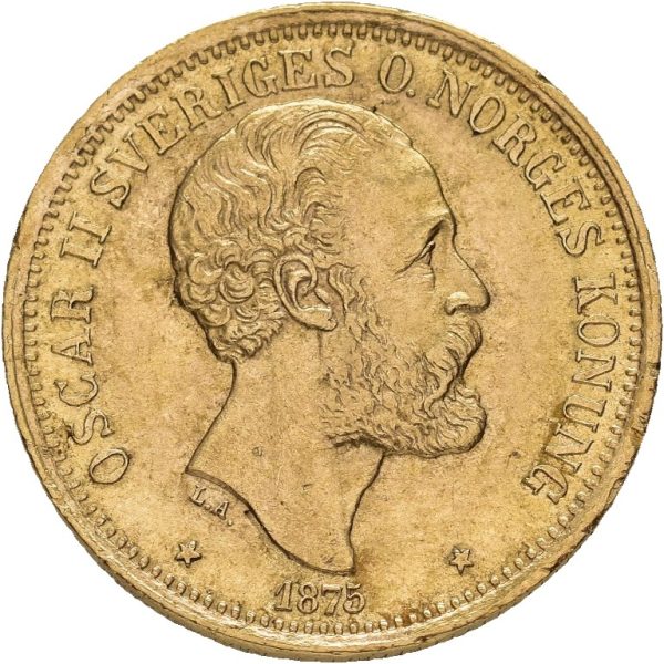 1875 Sverige 20 kronor Oskar II, kantmerker, 1+