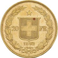 1892 B Sveits 20 francs, Libertas, 6,45 g .900 gull, 01