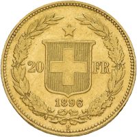 1896 B Sveits 20 francs, Libertas, 6,45 g .900 gull, 01
