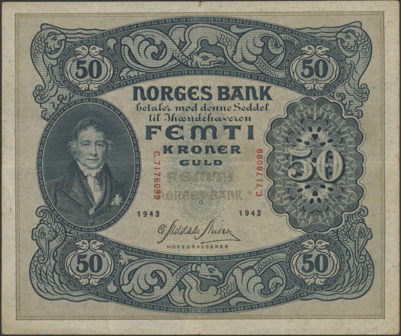 1943 50 kroner C.7176099, litt tonet, 1/1-