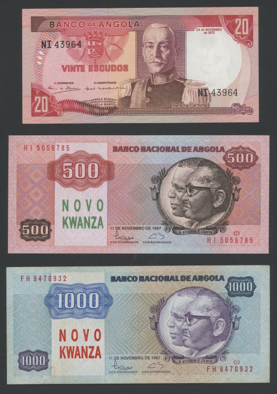 1987 Angola 500 og 1000 novo kwanza, 1972 20 escudos, VK