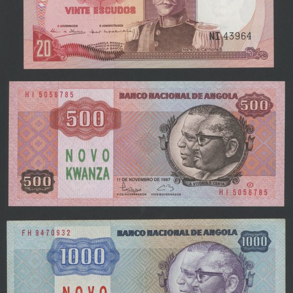 1987 Angola 500 og 1000 novo kwanza, 1972 20 escudos, VK