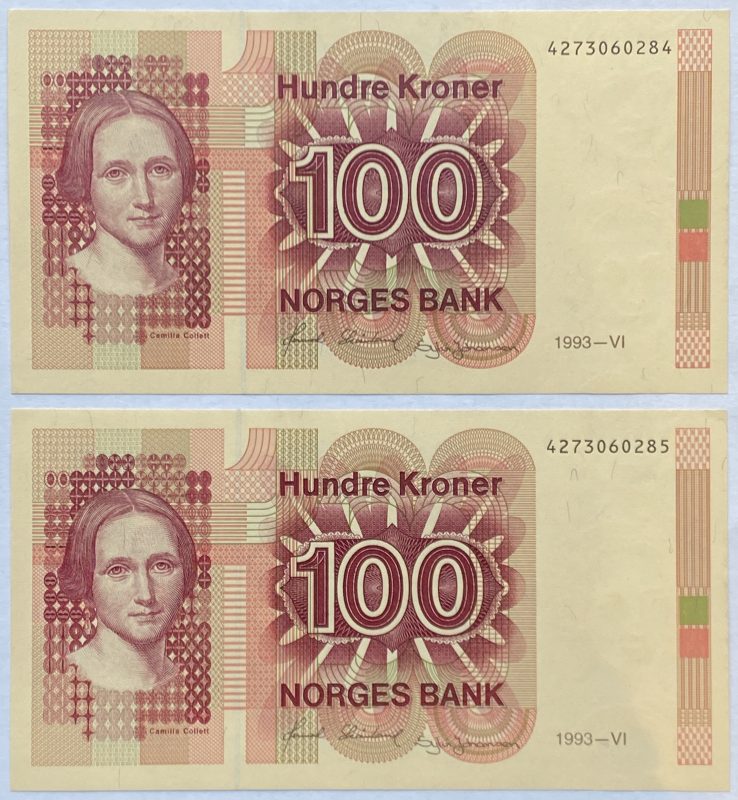 1993 100 kroner 4273060284-85, 2 stk i nr. rekkefølge