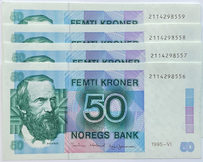 1995 50 kroner 2114298556-559, 4 stk. nummerisk rekkefølge, 0