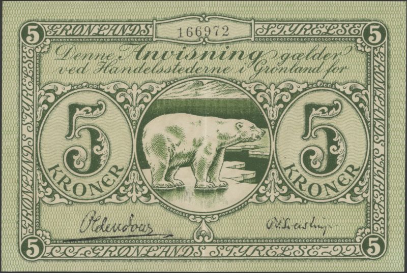 ND (1926) Grønland 5 kroner 166972, signert Oldendow/Sveistrup, 01