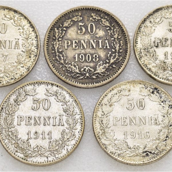 1908-1917 Finland 50 penniä, lott 5 stk., VK
