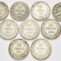 1872-1916 Finland 25 penni, lott 9 stk., VK