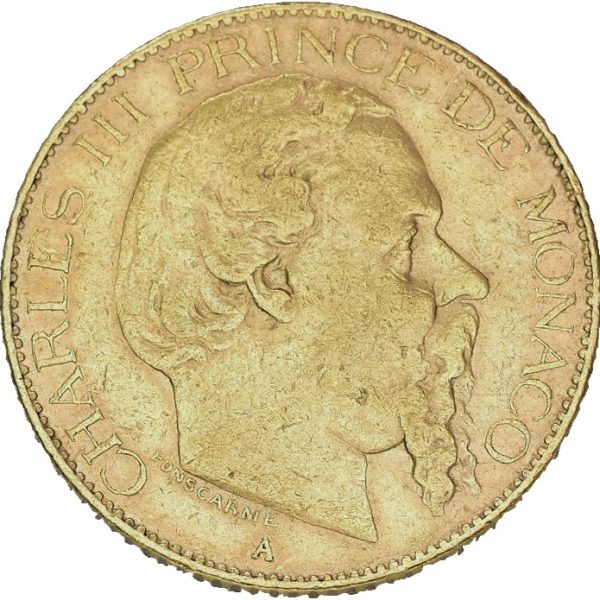 1879 Monaco 20 francs Charles III, 6,45 g .900 gull, 1+
