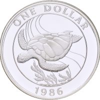 1986 Bermuda 1 dollar Elizabeth II, Skillpadde, 25 års jub. WWF, sølv, proof