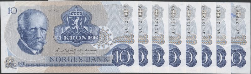 1973 10 kroner AC1278255-62, 8 stk. i rekkefølge, 0/01 til 0