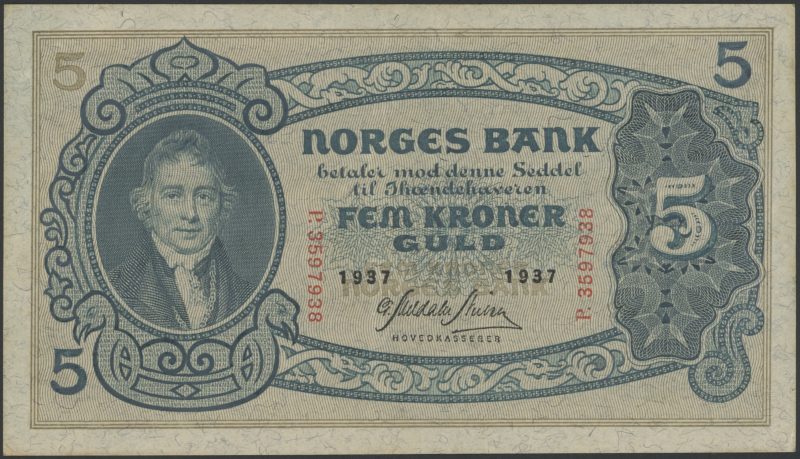 1937 5 kroner P.3597938, 1+