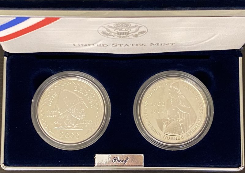 2000 USA Leif Ericson Millenium Commemorative Coins, USA 1 dollar og Island 1000 kronur, .900 sølv, proof