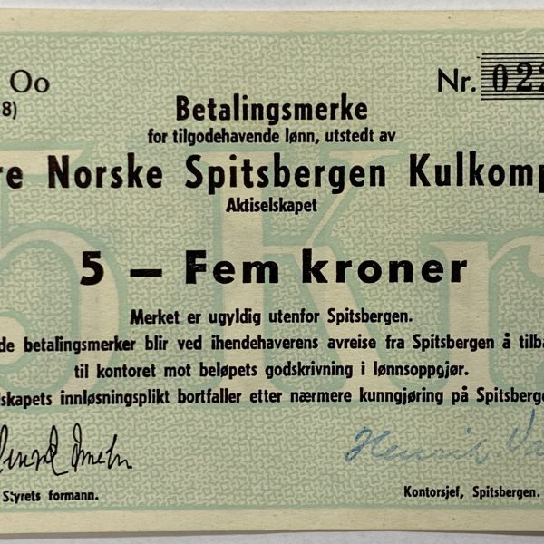 1968 Store Norske Spitsbergen Kullkompani 5 kroner, serie Oo, Nr. 02226, 01