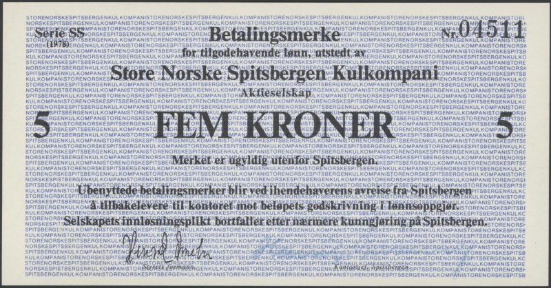 1978 Store Norske Spitsbergen Kulkompani 5 kroner, serie SS, Nr. 04511, 0