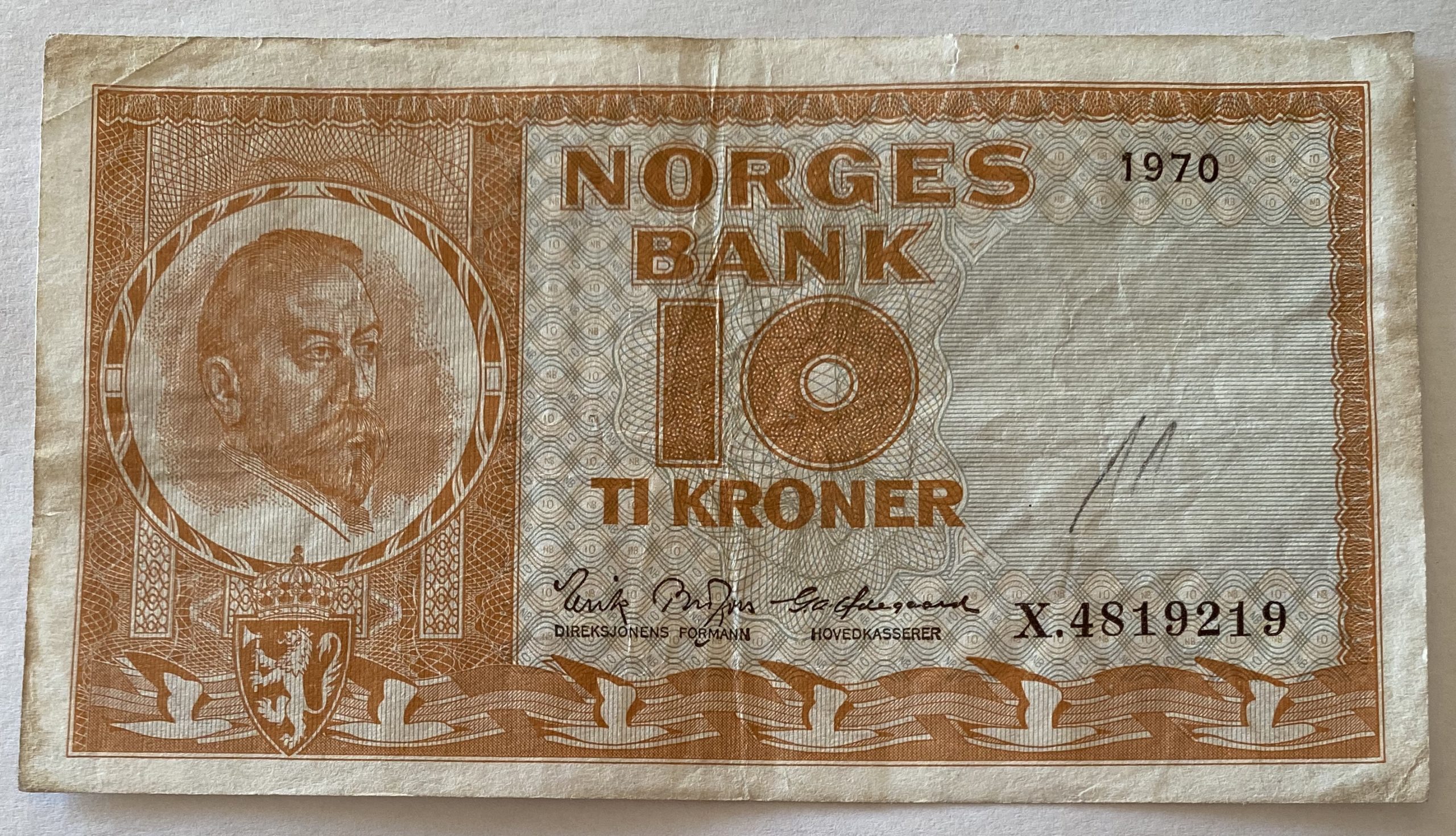 1970  10 kroner X, erstatning, streker, flekker, 1