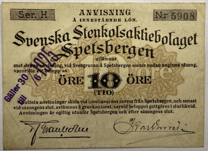 1924/25 10 öre Svenska Stenkolsaktieb. Spetsbergen, serie H Nr. 5908, 1/1+