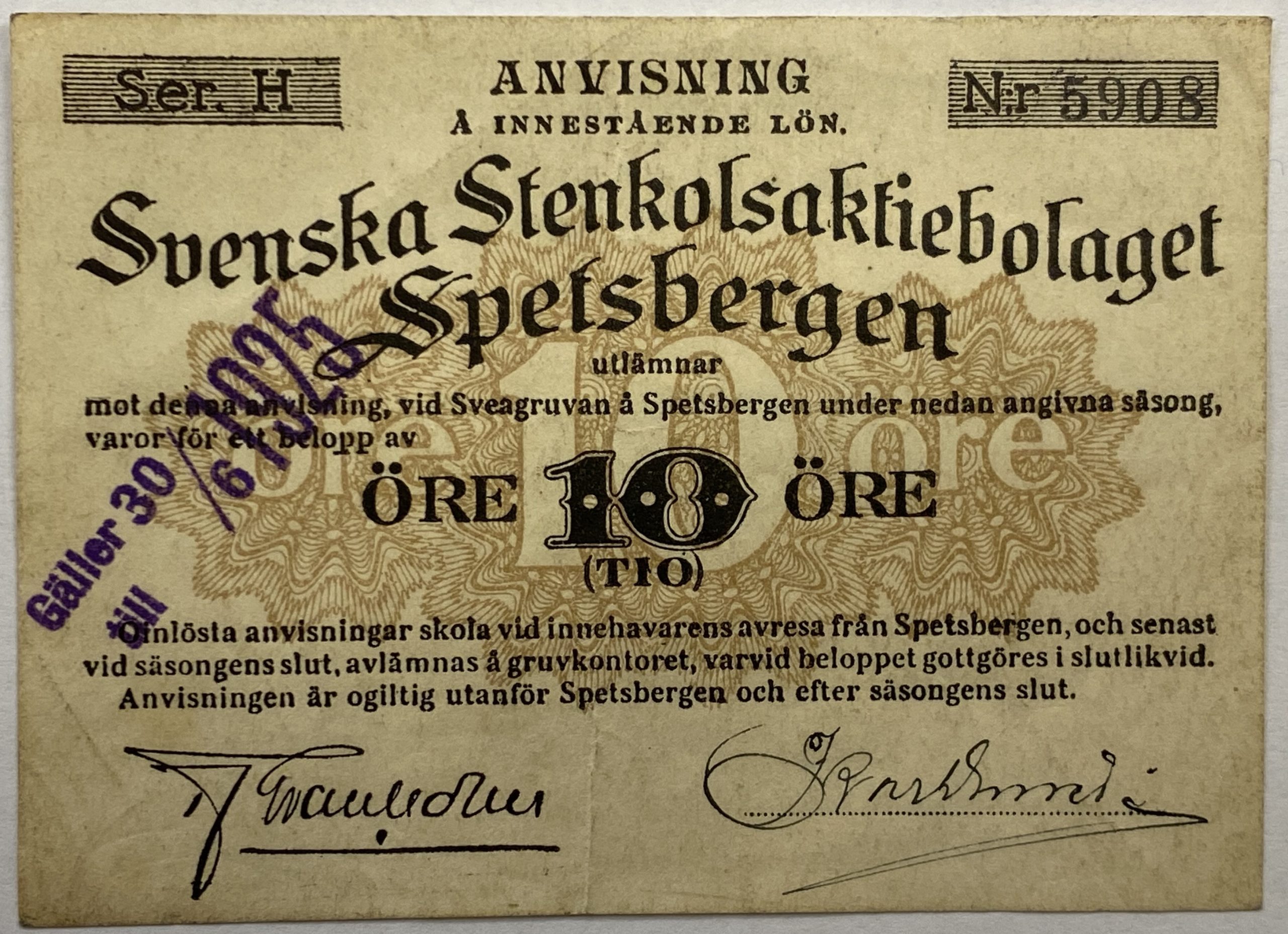 1924/25 10 öre Svenska Stenkolsaktieb. Spetsbergen, serie H Nr. 5908, 1/1+
