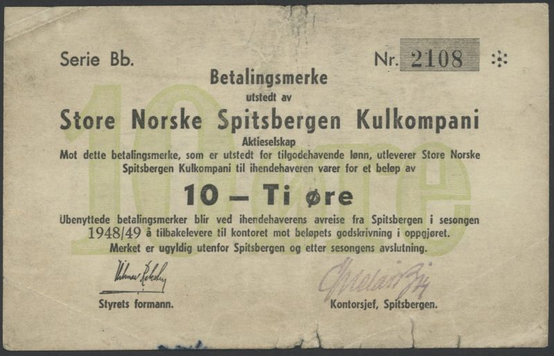 1948/49 Store Norske Spitsbergen Kulkompani 10 øre, serie Bb, Nr.2108, type I, kantrifter, smuss, 1/1-