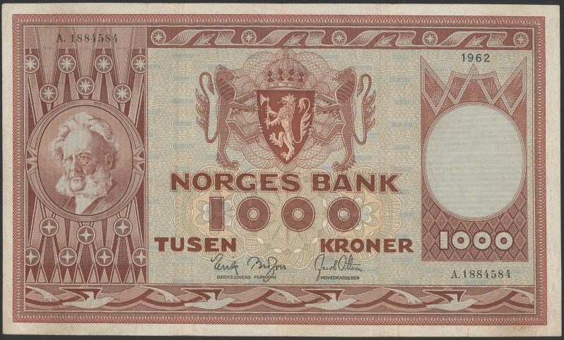 1962 1000 kroner A.1884584, 4. utg., liten rift, 1/1-