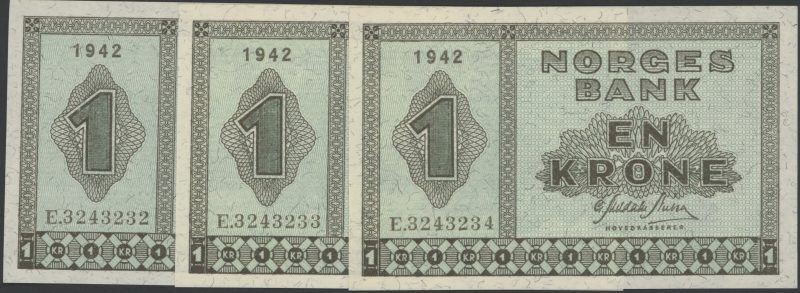 1942 1 krone E.3243232-234, 3 stk. i nr. rekkefølge, 0