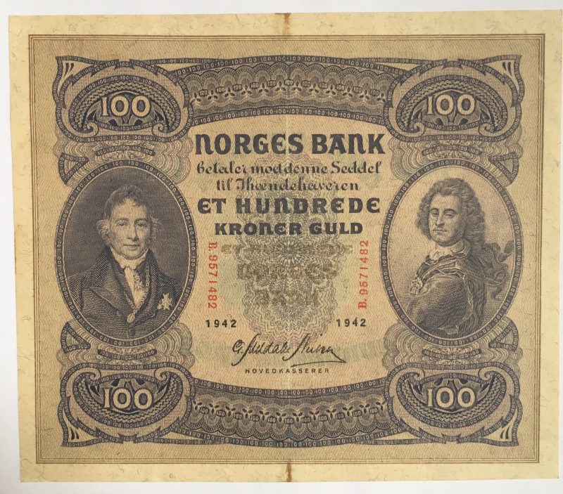1942 B  100 kroner, taperester bak, 1+/1