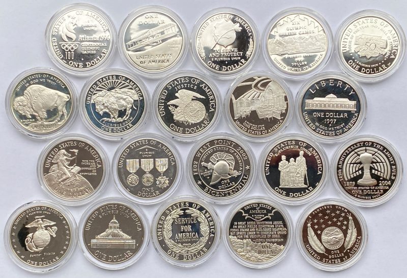 1994-2005 USA 1 dollar, samling minnemynter 20 stk., 481 g rent sølv, proof