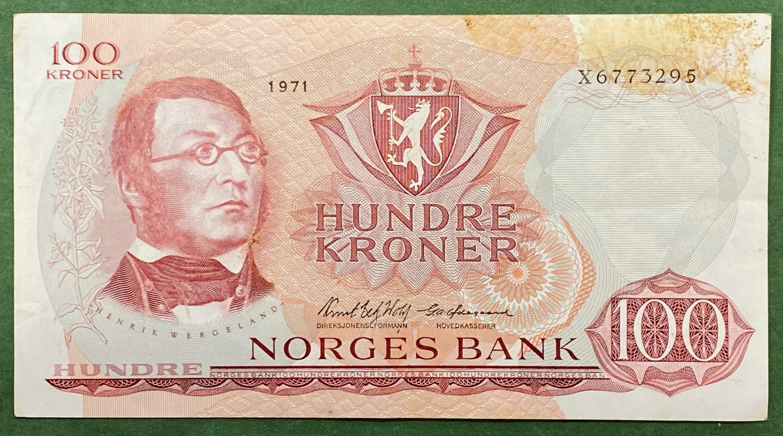 1971 100 kroner X6773295, erstatningsseddel , skitten, 1