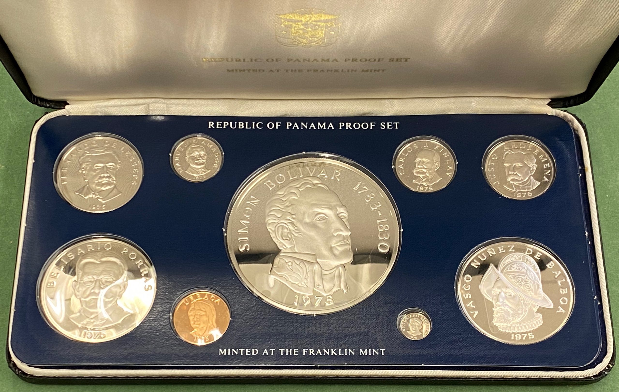 1975 Panama Franklin Mint Proofset, ulike metaller/ inkl. 191,44 g .900 sølv, proof