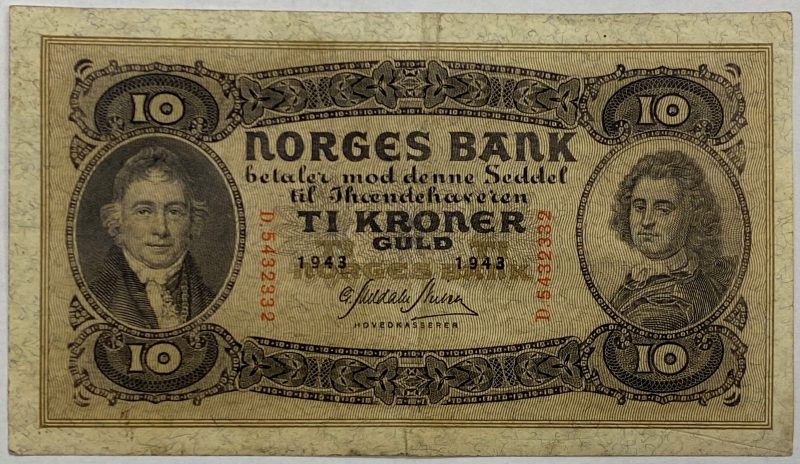 1943 10 kroner D5432332, 1+/1