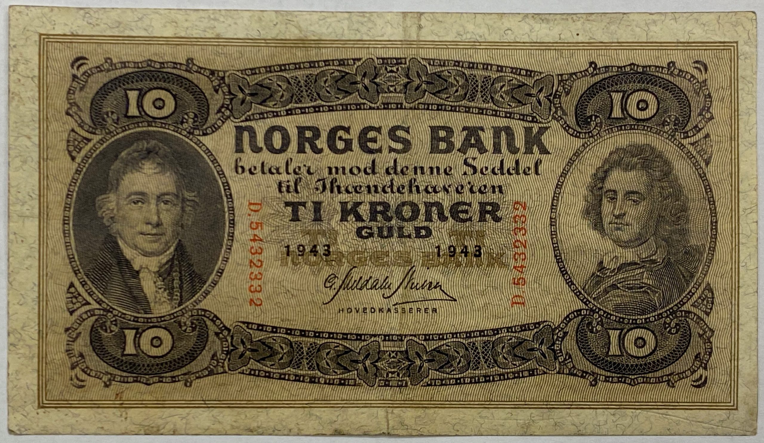 1943 10 kroner D5432332, 1+/1