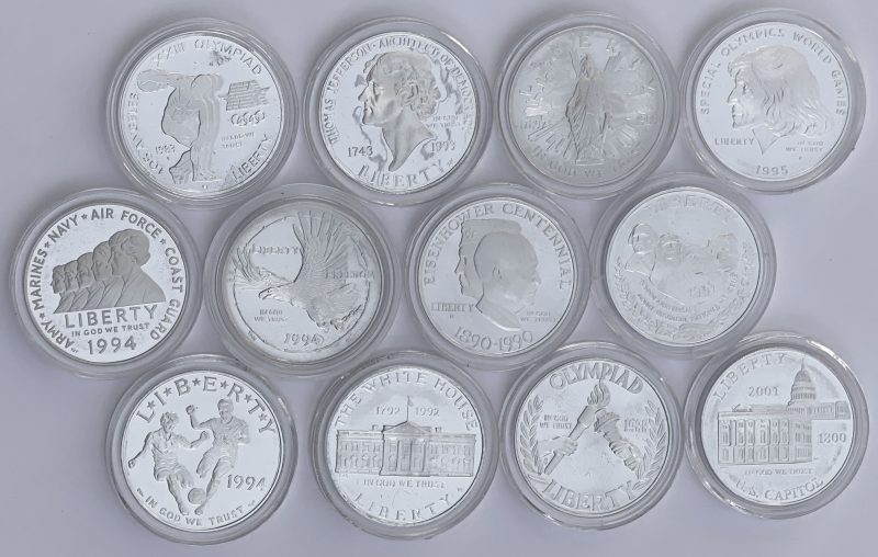 1983-2001 USA 1 dollar, samling minnemynter II 12 stk., 288 g rent sølv, proof
