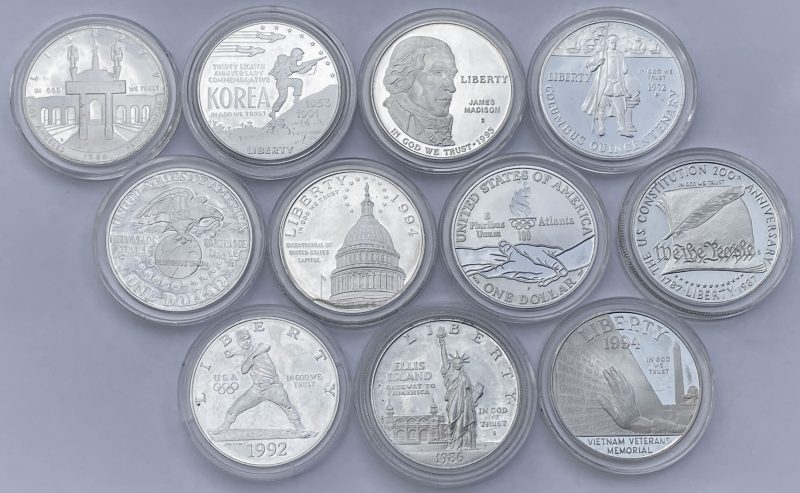 USA 1 dollar, samling minnemynter II, lott 11 stk. ( 264,55 gr. sølv )proof