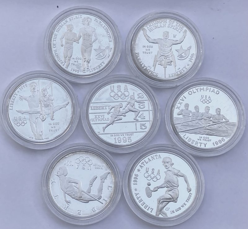 1995-96 USA 1 dollar, Atlanta OL 1996, samling minnemynter III, lott 7 stk., 168,42 g rent sølv, proof