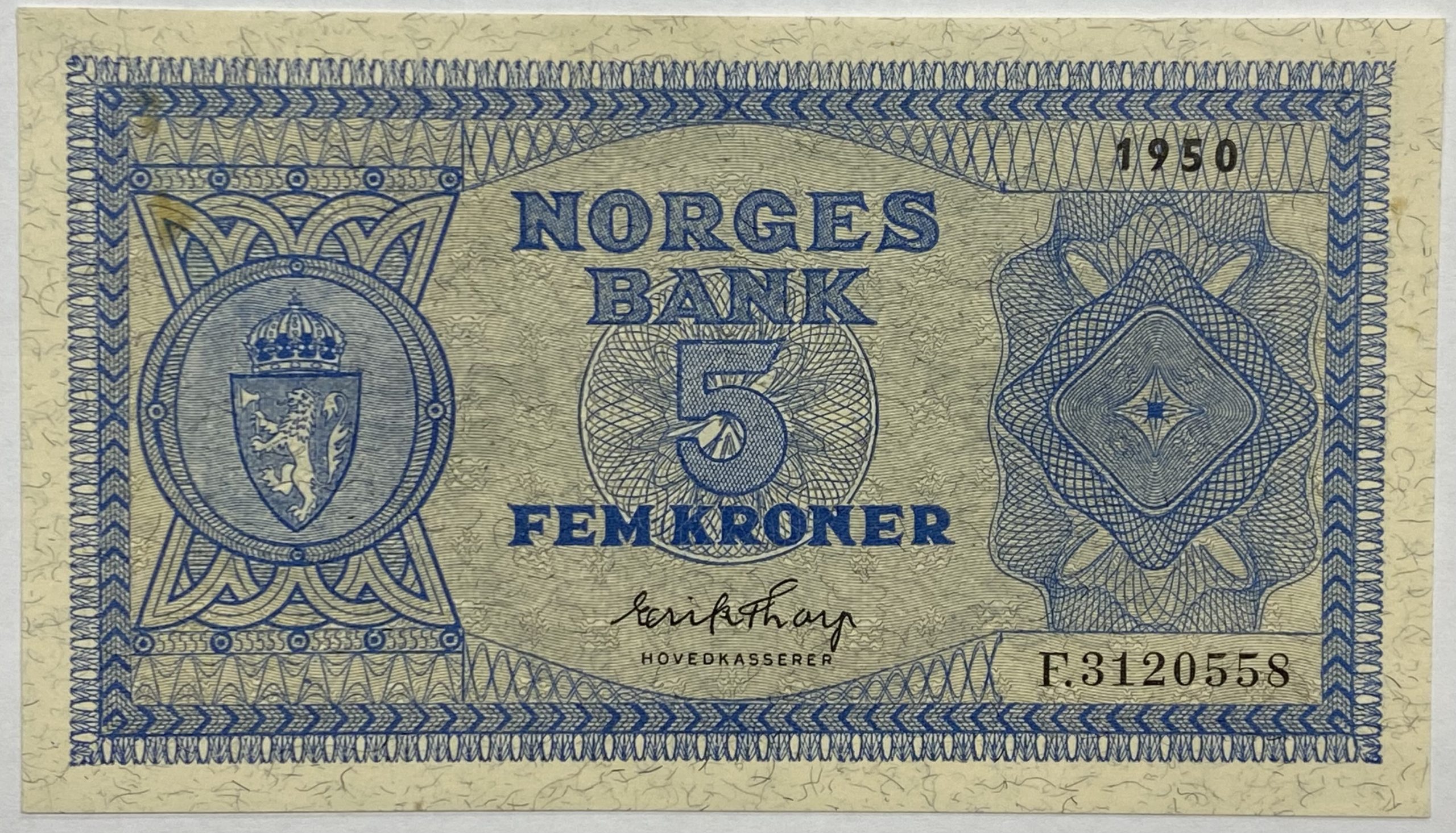 1950 5 kroner F.3120558, 2 små fl., 0/01
