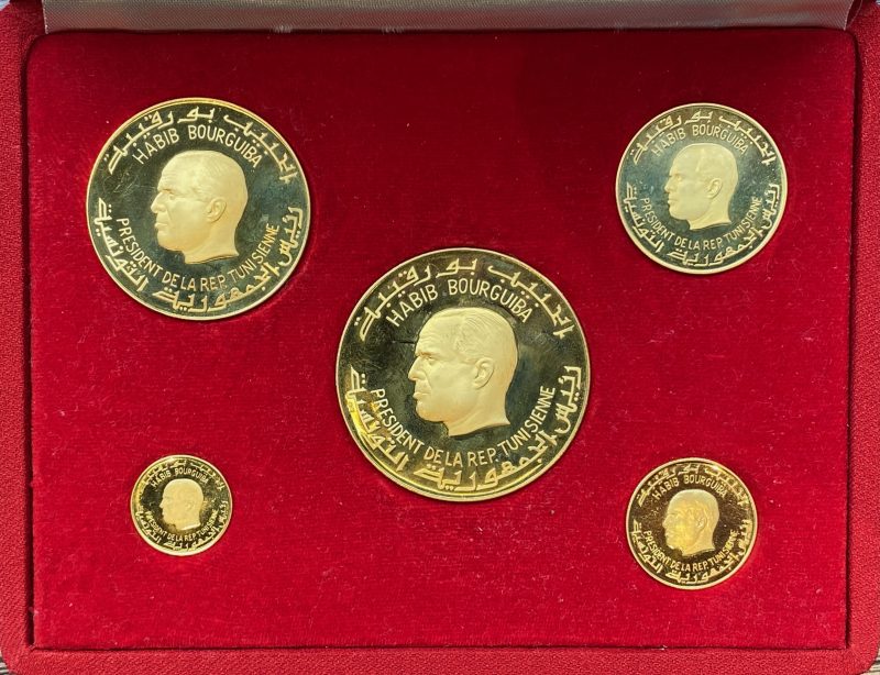 1967 Tunisia 40, 20, 10, 5 0g 2 dinars myntsett, 131,67 g rent gull, 0