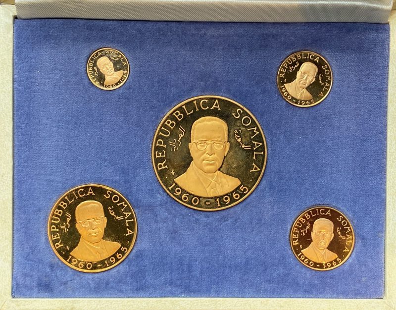 1966 Somalia 500, 100, 50, 20 shillings, jubileumsett, 109,62 g rent gull, 0