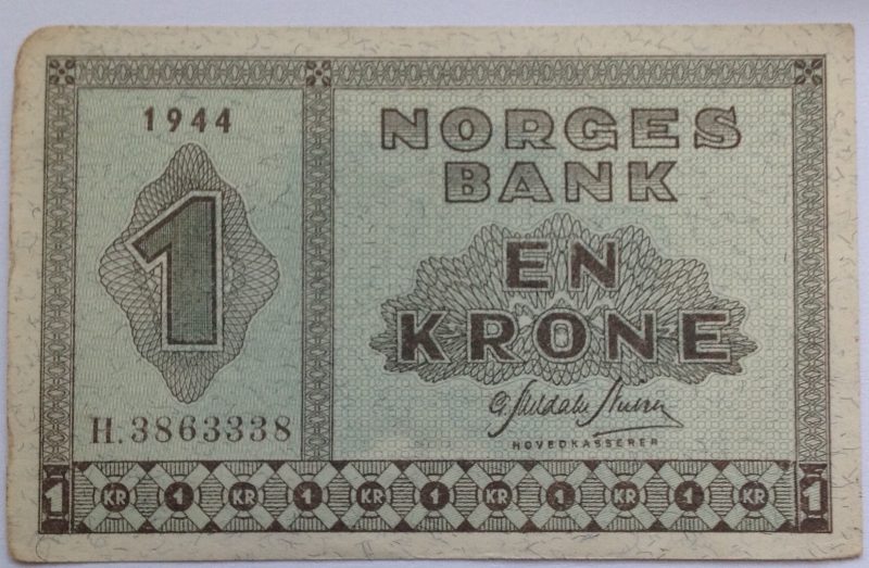 1944  H  1 krone, defekt hjørne, 1+